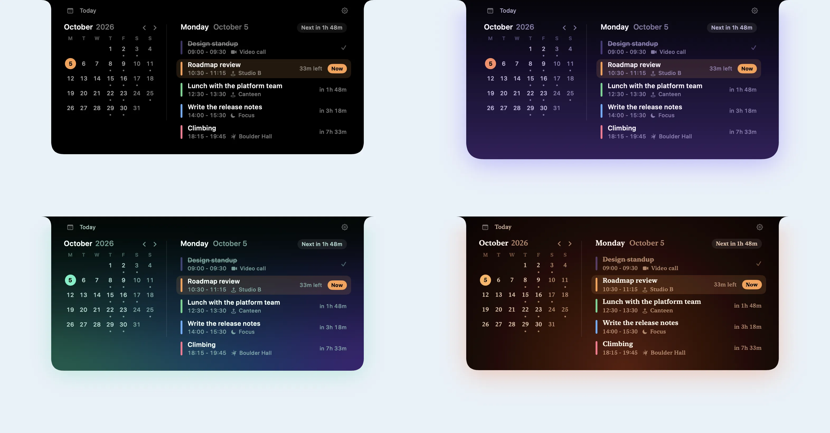 The ShowcaseNook agenda scene four times: the standard black chrome, Dusk with a violet gradient and glow, Aurora with a green and indigo mesh and a mint accent, and Ember with a warm radial glow and serif type